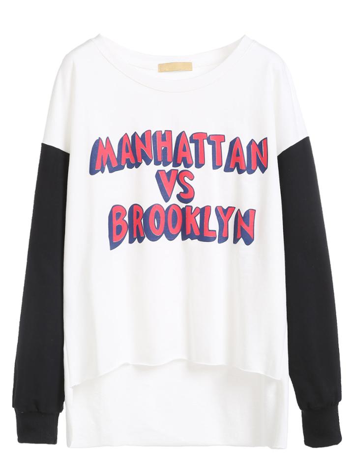Romwe White Letter Print Contrast Sleeve High Low T-shirt