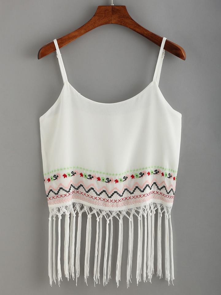 Romwe Colorful Embroidery Fringe Chiffon Cami Top