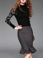 Romwe Black Grey Knit Sequined Top With Frill Skirt