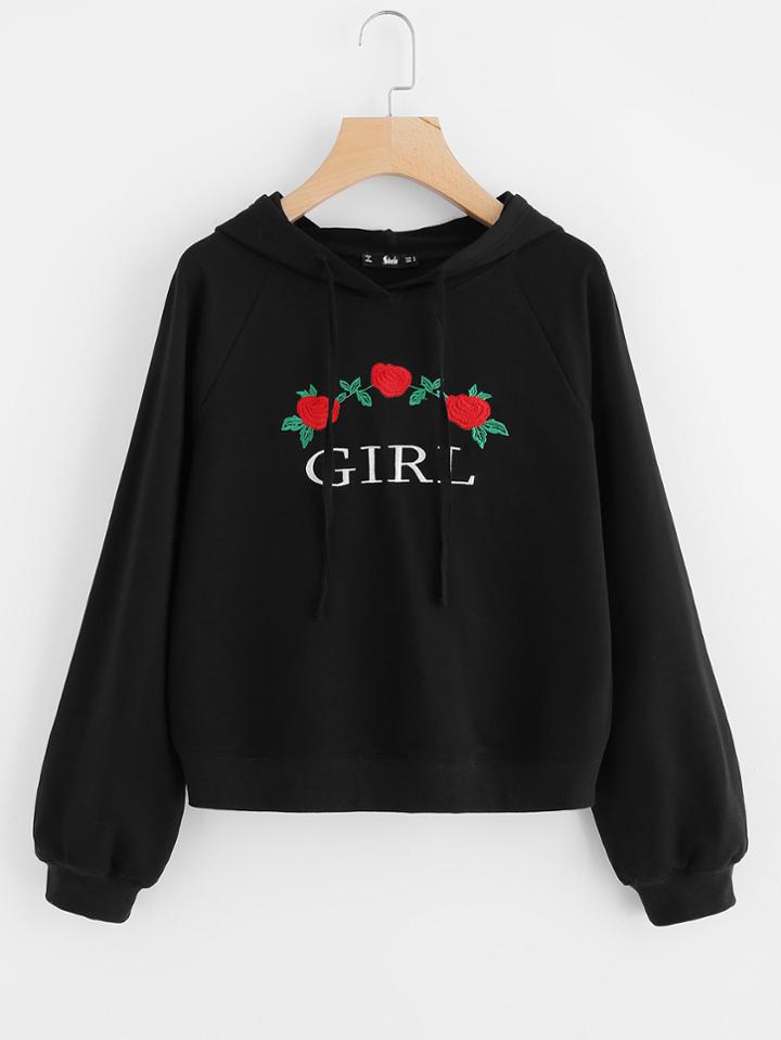 Romwe Rose Embroidered Raglan Sleeve Hoodie