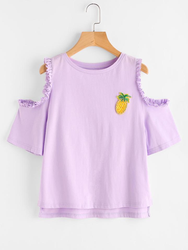 Romwe Embroidered Pineapple Patch Frilled Open Shoulder Tee