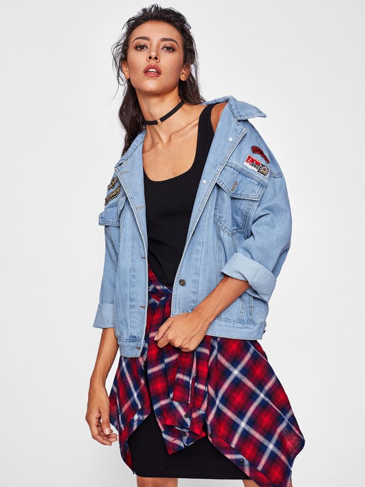Romwe Drop Shoulder Print Back Denim Jacket