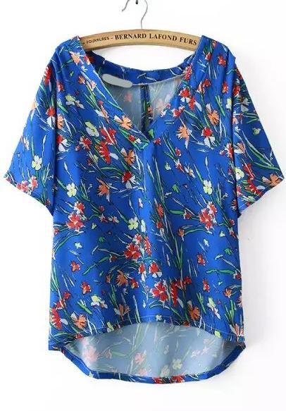 Romwe Dip Hem V Neck Flower Print Chiffon Top