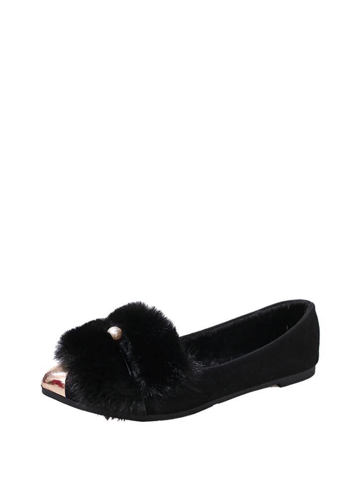 Romwe Faux Fur & Pearl Detail Suede Flats