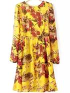Romwe Long Sleeve Florals Pleated Chiffon Dress