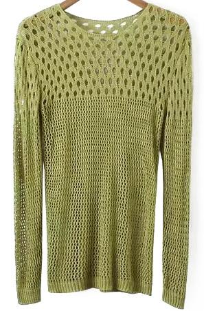 Romwe Long Sleeve Hollow Green Sweater