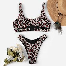 Romwe Random Leopard Cut-out Top With High Leg Bikini