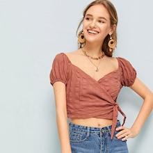 Romwe Knot Side Surplice Crop Blouse