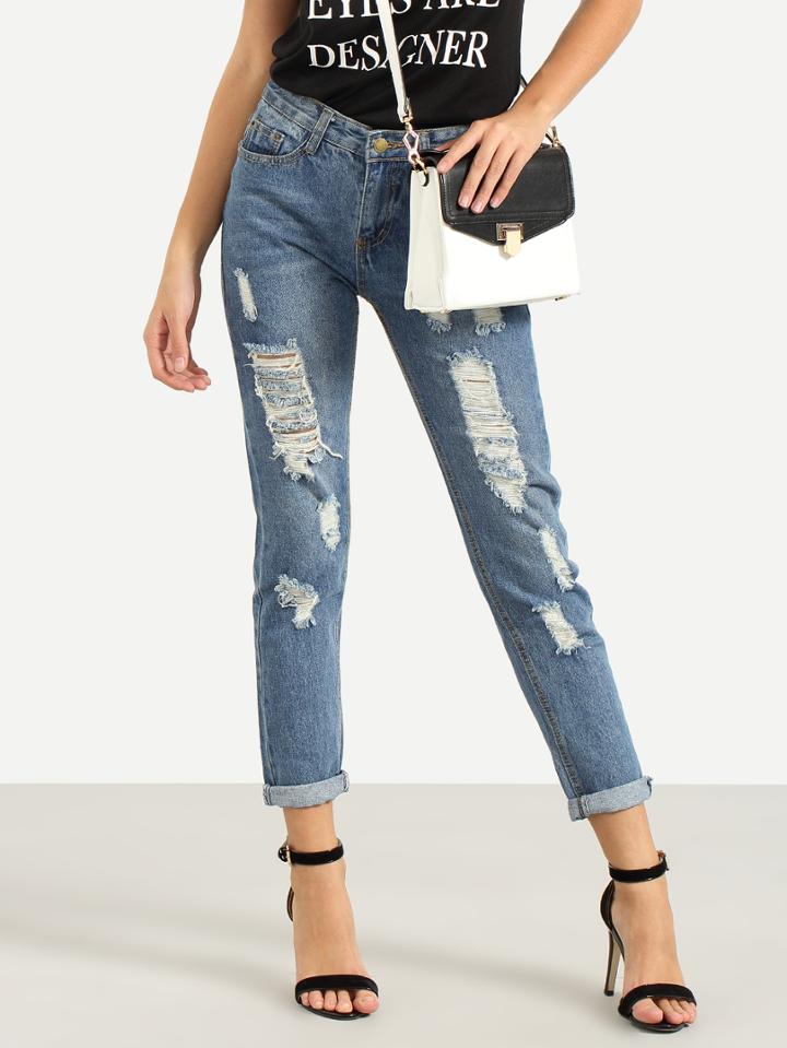Romwe Ripped Straight Blue Jeans