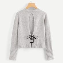 Romwe Lace Up Back Knit Sweater