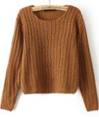 Romwe Round Neck Cable Knit Crop Khaki Sweater