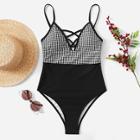 Romwe Gingham Criss Cross One Piece Swimwear