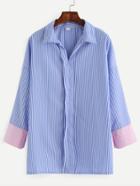 Romwe Blue Vertical Striped Contrast Cuff Shirt