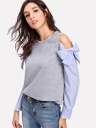 Romwe Contrast Striped Sleeve Marled Pullover