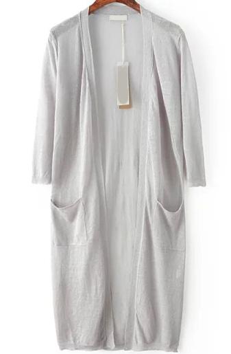 Romwe Three Quarter Length Sleeve With Pockets Grey Cardigan