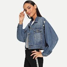Romwe Drop Shoulder Faded Crop Denim Jacket
