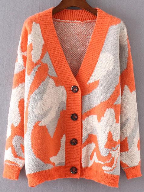 Romwe Orange Camouflage Pattern Drop Shoulder Button Up Sweater Coat