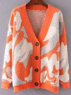 Romwe Orange Camouflage Pattern Drop Shoulder Button Up Sweater Coat