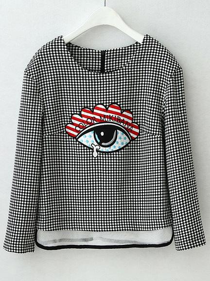 Romwe Black White Plaid Eye Embroidered Crop Blouse
