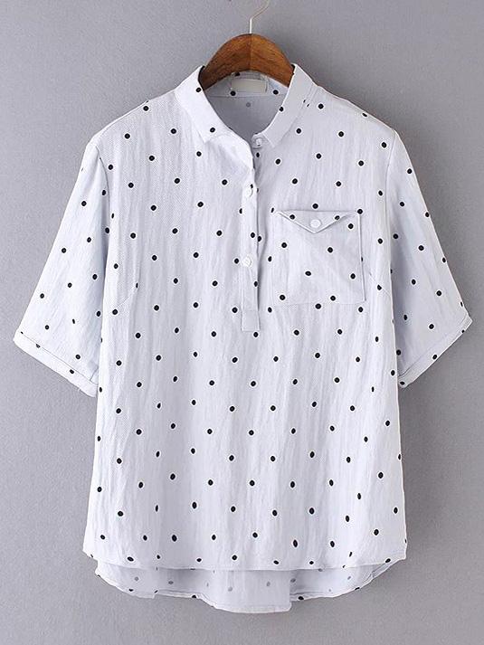 Romwe Light Blue Lapel Polka Dots Dipped Hem Pocket Blouse