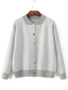 Romwe Grey Striped Knit Bomber Jacket With Buttons