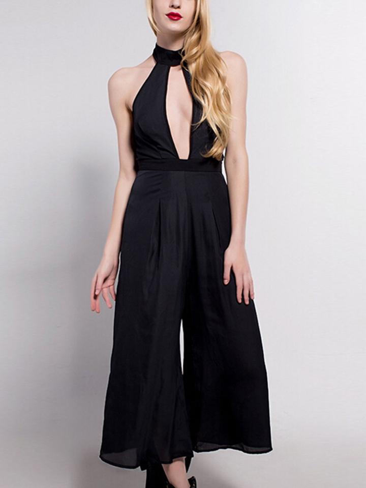 Romwe Black Split Front Tie Back Halter Neck Jumpsuit
