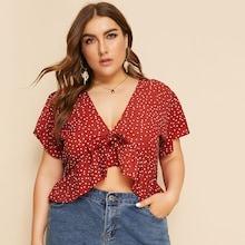 Romwe Plus Polka Dot Tie Front Ruffle Hem Blouse