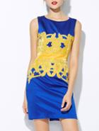 Romwe Blue Round Neck Sleeveless Embroidered Dress