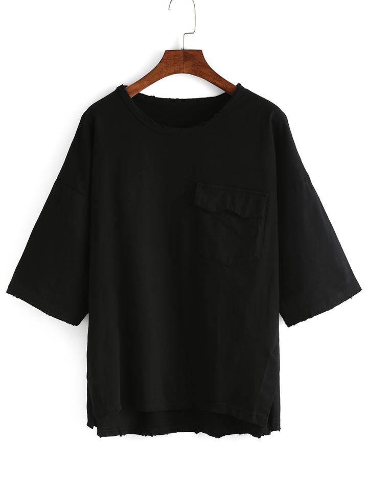 Romwe Dip Hem Dropped Shoulder Seam Split Pocket T-shirt