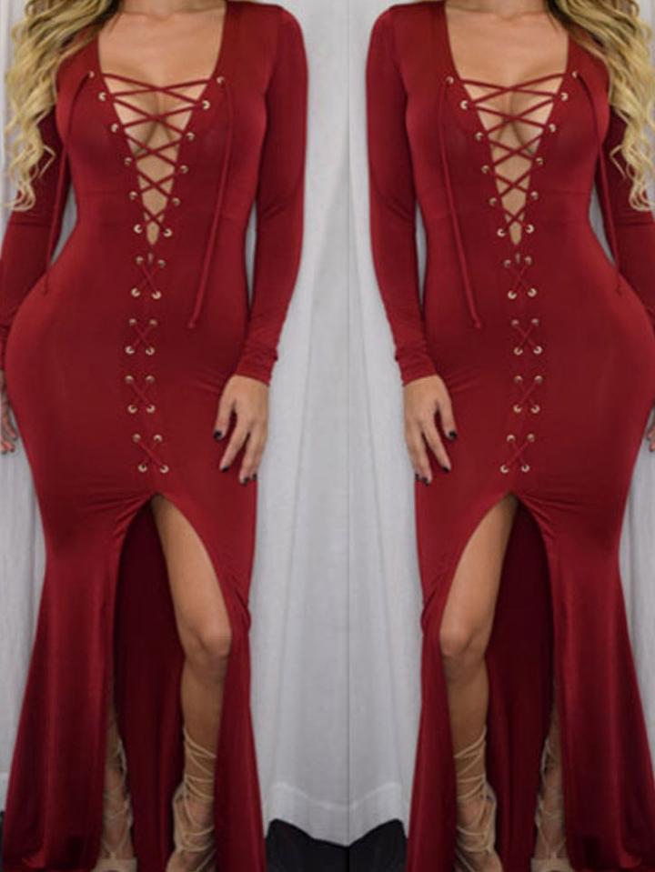 Romwe Burgundy Lace-up Split Center Floor Sweep Dress