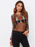 Romwe Botanical Embroidery Mesh Transparent Top