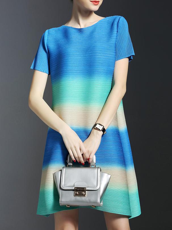 Romwe Blue Color Block Pleated Elastic Dress