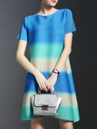Romwe Blue Color Block Pleated Elastic Dress