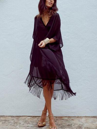 Romwe Deep V Neck Fringe Chiffon Black Dress