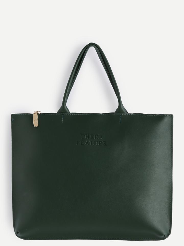 Romwe Oversized Army Green Pu Plain Tote Bag