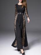 Romwe Black Round Neck Long Sleeve Contrast Lace Beading Dress