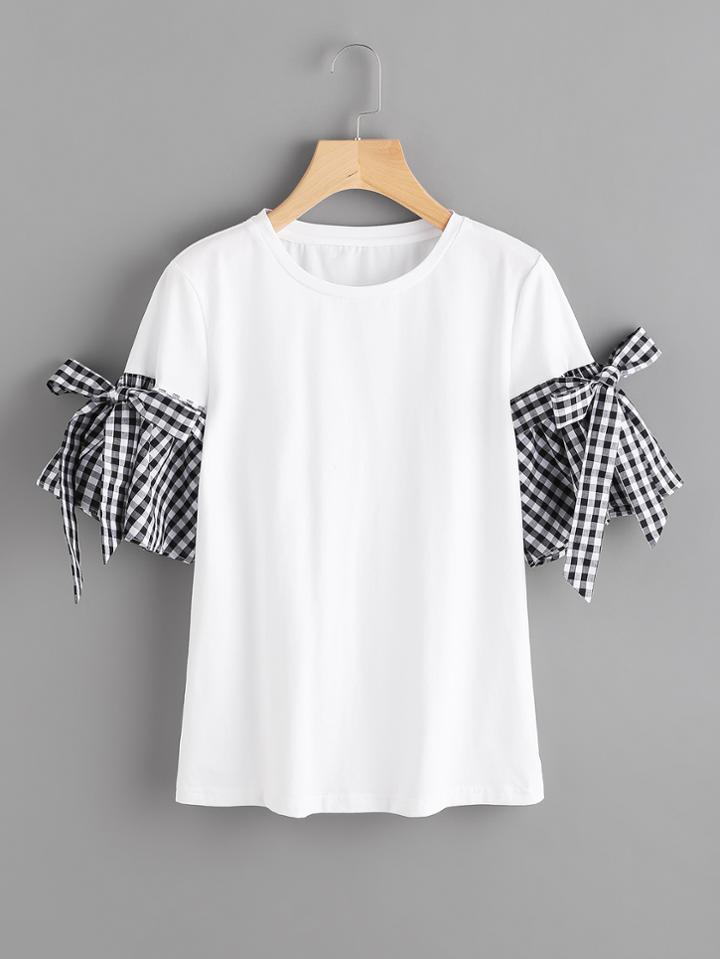 Romwe Bow Detail Gingham Bell Cuff T-shirt