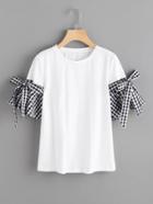 Romwe Bow Detail Gingham Bell Cuff T-shirt