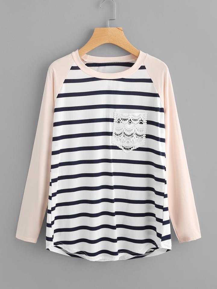 Romwe Contrast Raglan Sleeve Striped Lace Pocket Tee