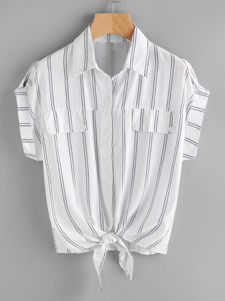 Romwe Roll-up Sleeve Knotted Hem Striped Shirt
