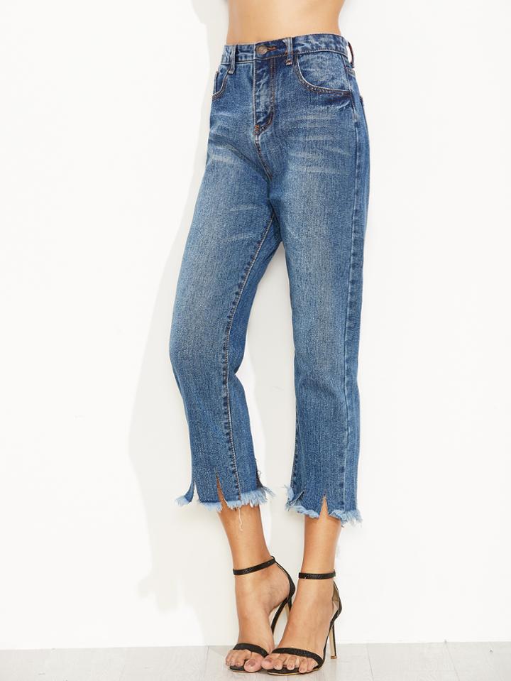 Romwe Blue Raw Hem Slit Straight Jeans