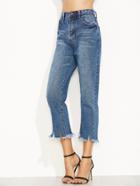 Romwe Blue Raw Hem Slit Straight Jeans
