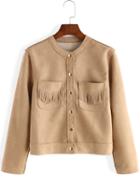 Romwe Round Neck Fringe Pockets Khaki Coat