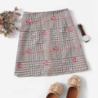 Romwe Glen Plaid Heart Embroidery Skirt