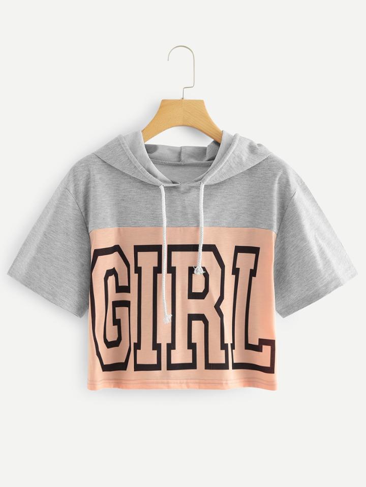 Romwe Color Block Letter Print Hooded Tee