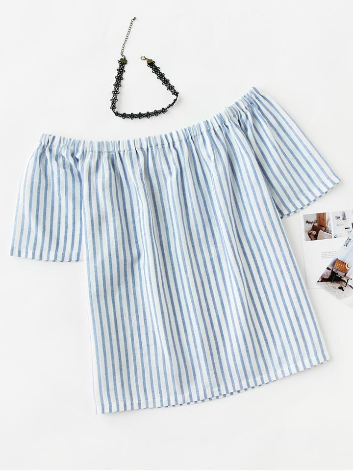 Romwe Off Shoulder Vertical Striped Top