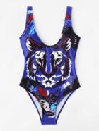 Romwe Animal Print Low Back Swimsuit