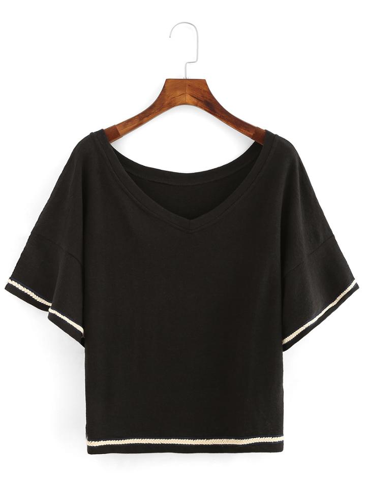 Romwe Black V Neck Braided T-shirt