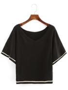 Romwe Black V Neck Braided T-shirt