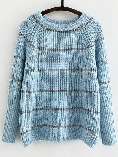 Romwe Round Neck Striped Blue Sweater